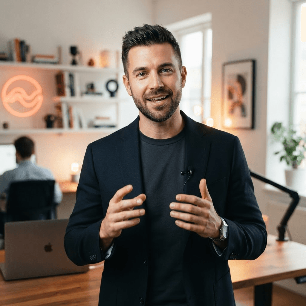 Scroll-stopping vertical video still of a presenter framed to camera